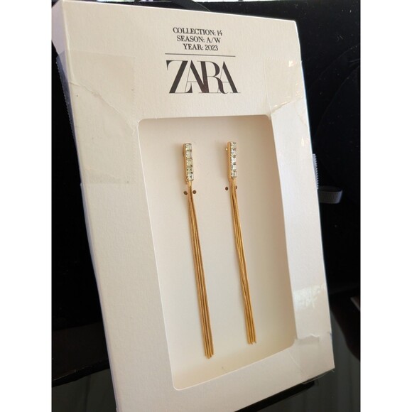 Zara Womens NWT Cascade Rhinestone Earrings Golden Front & Back Tassel Waterfall - Picture 3 of 9
